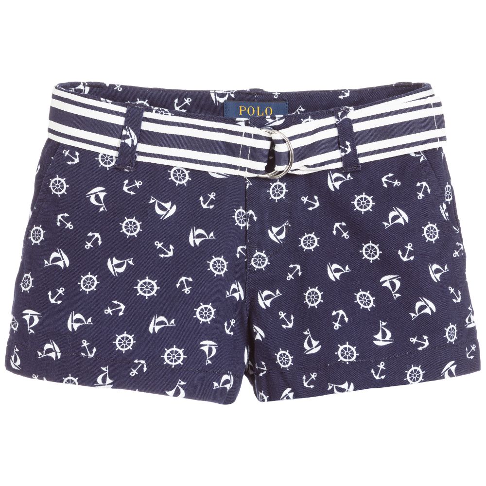 Polo Ralph Lauren - Girls Blue Cotton Twill Shorts | Childrensalon