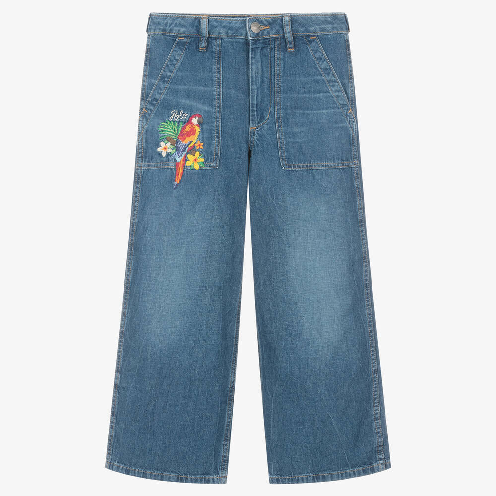 Ralph Lauren - Girls Blue Embroidered Denim Jeans | Childrensalon