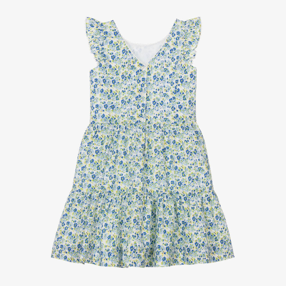 رالف لورين-فستان قطن سيرسوكر لون أزرق بطبعة ورود | Childrensalon Outlet