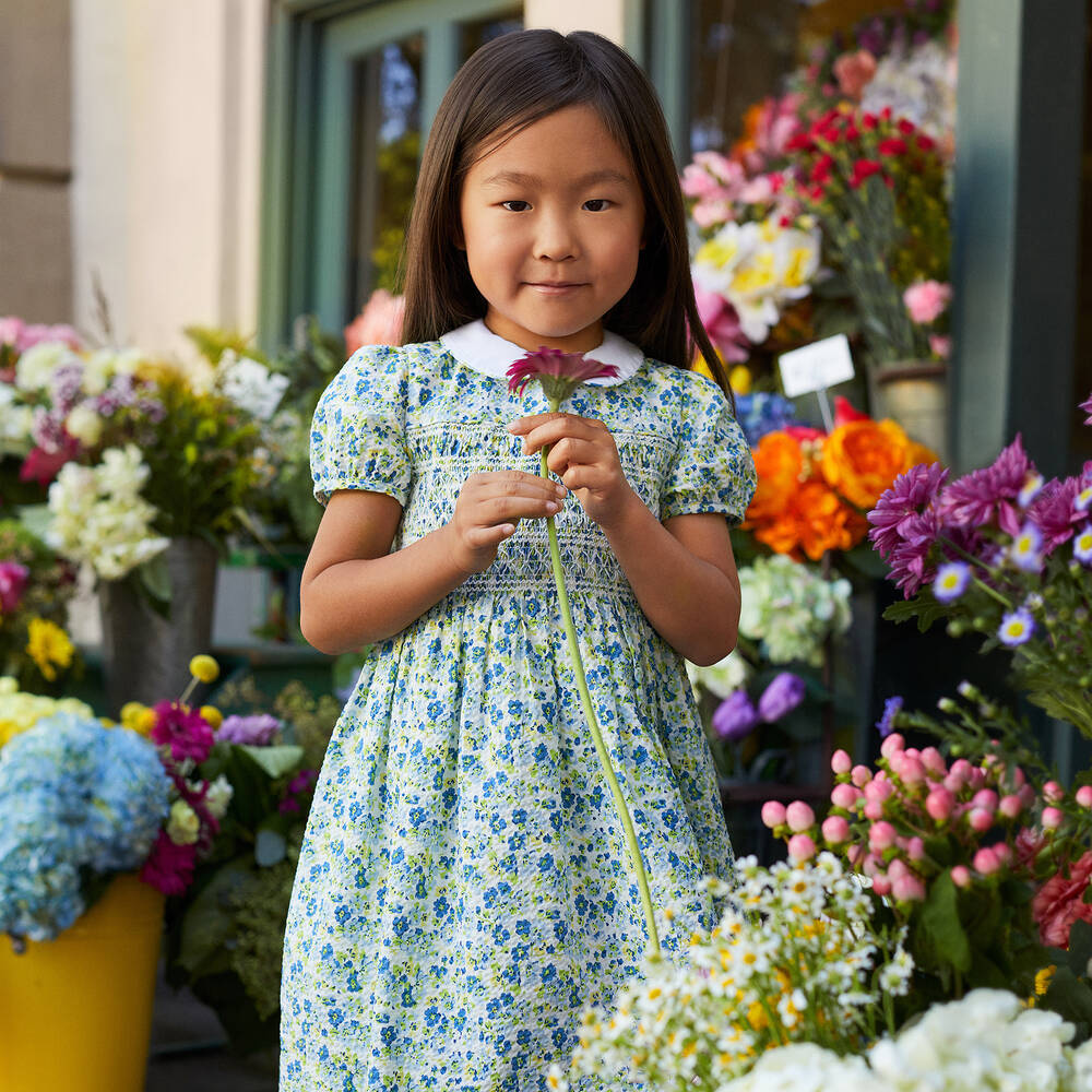 Ralph Lauren Girls Blue Floral Print Seersucker Dress