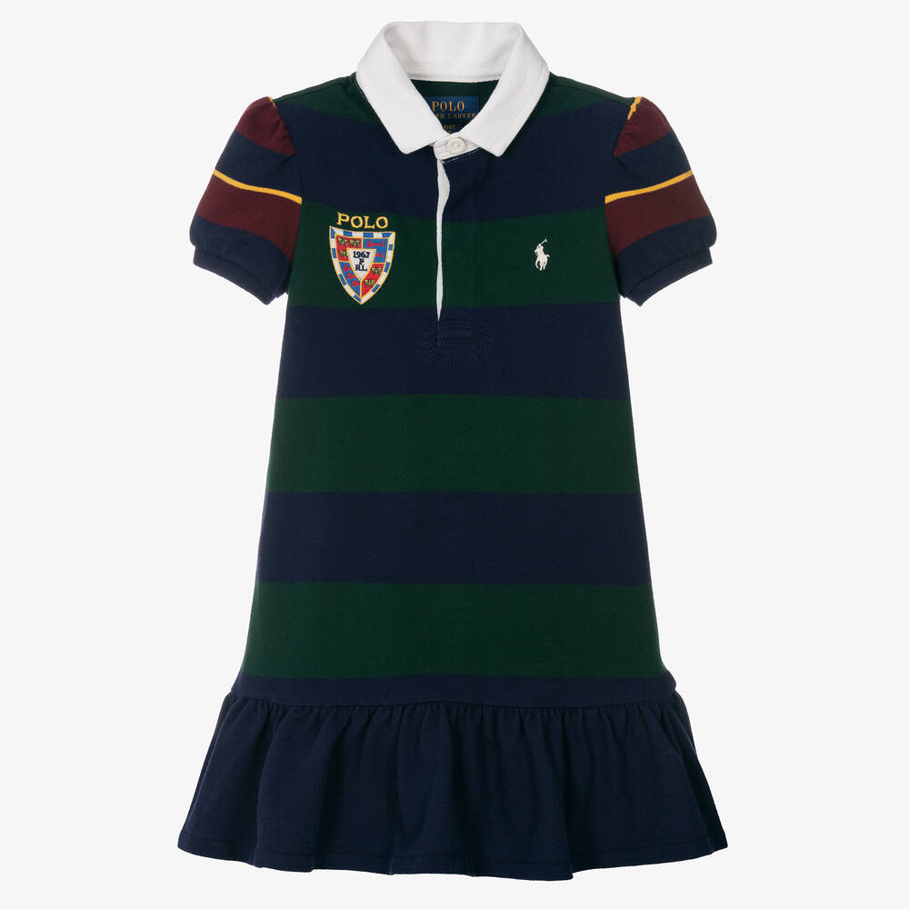 Ralph Lauren - فستان قطن بيكيه لون كحلي وأخضر أطفال بناتي | Childrensalon