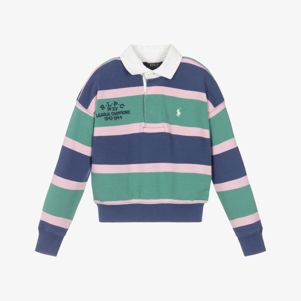 Ralph Lauren-قميص رجبي مخطط باللونين الأزرق والأخضر للبنات | Childrensalon Outlet