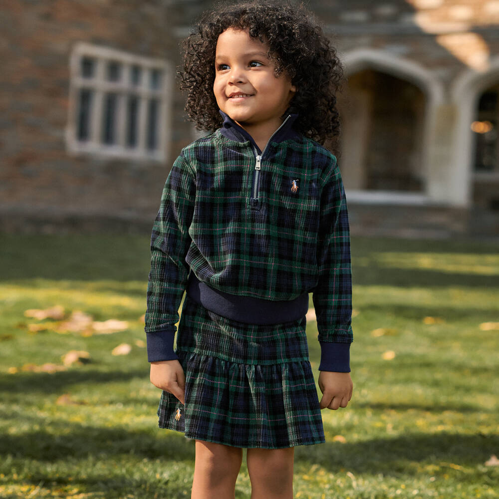 Ralph Lauren-Girls Blue-Green Tartan Corduroy Top | Childrensalon Outlet