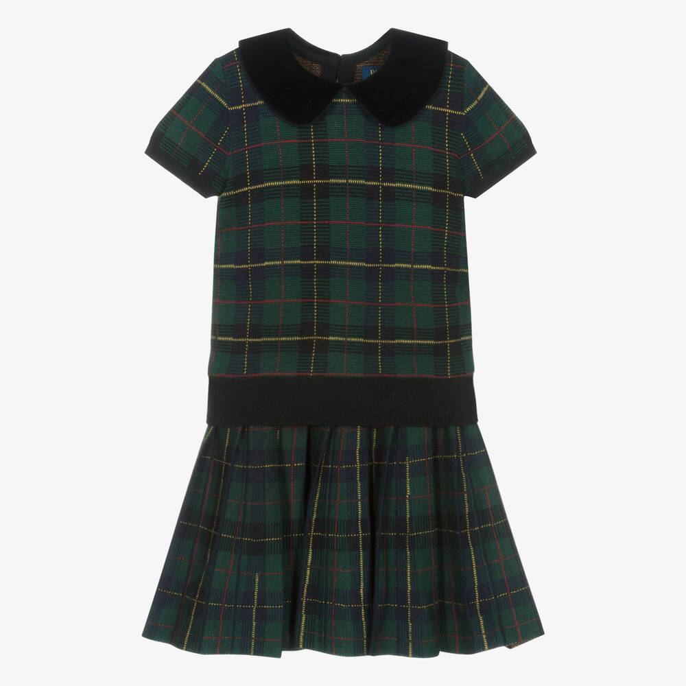 Ralph Lauren - طقم تنورة صوف محبوك كاروهات لون أخضر وكحلي | Childrensalon