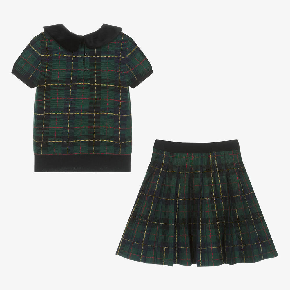 رالف لورين-طقم تنورة صوف محبوك كاروهات لون أخضر وكحلي | Childrensalon Outlet