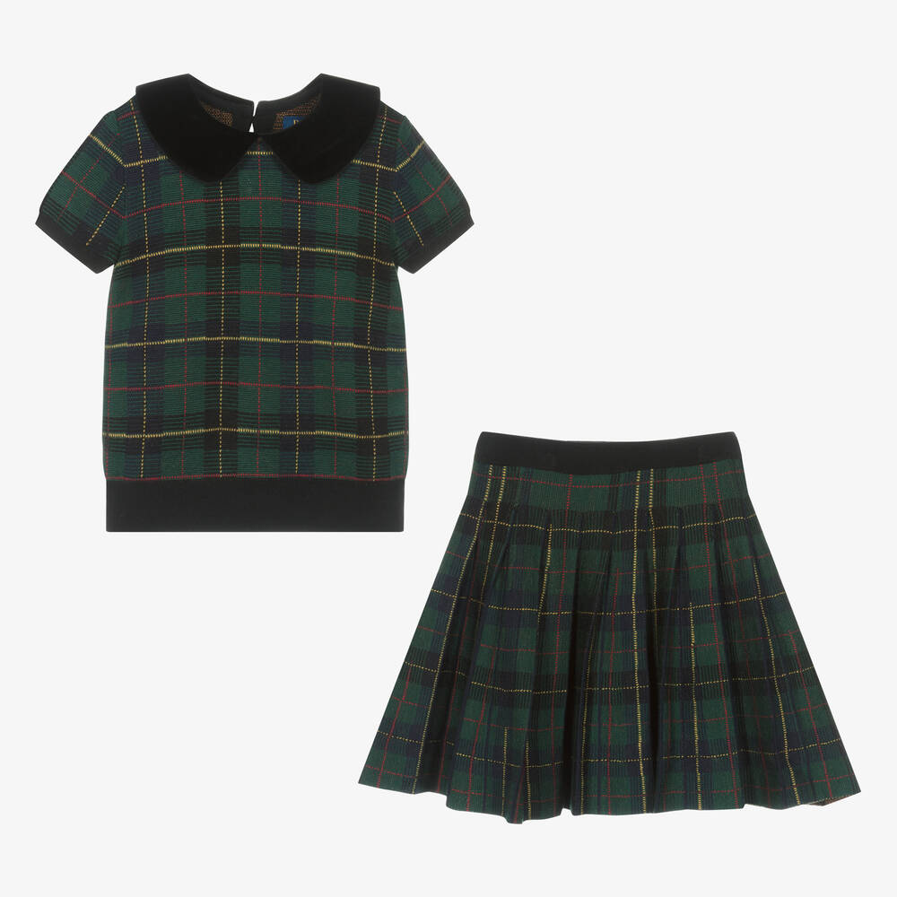 رالف لورين-طقم تنورة صوف محبوك كاروهات لون أخضر وكحلي | Childrensalon Outlet