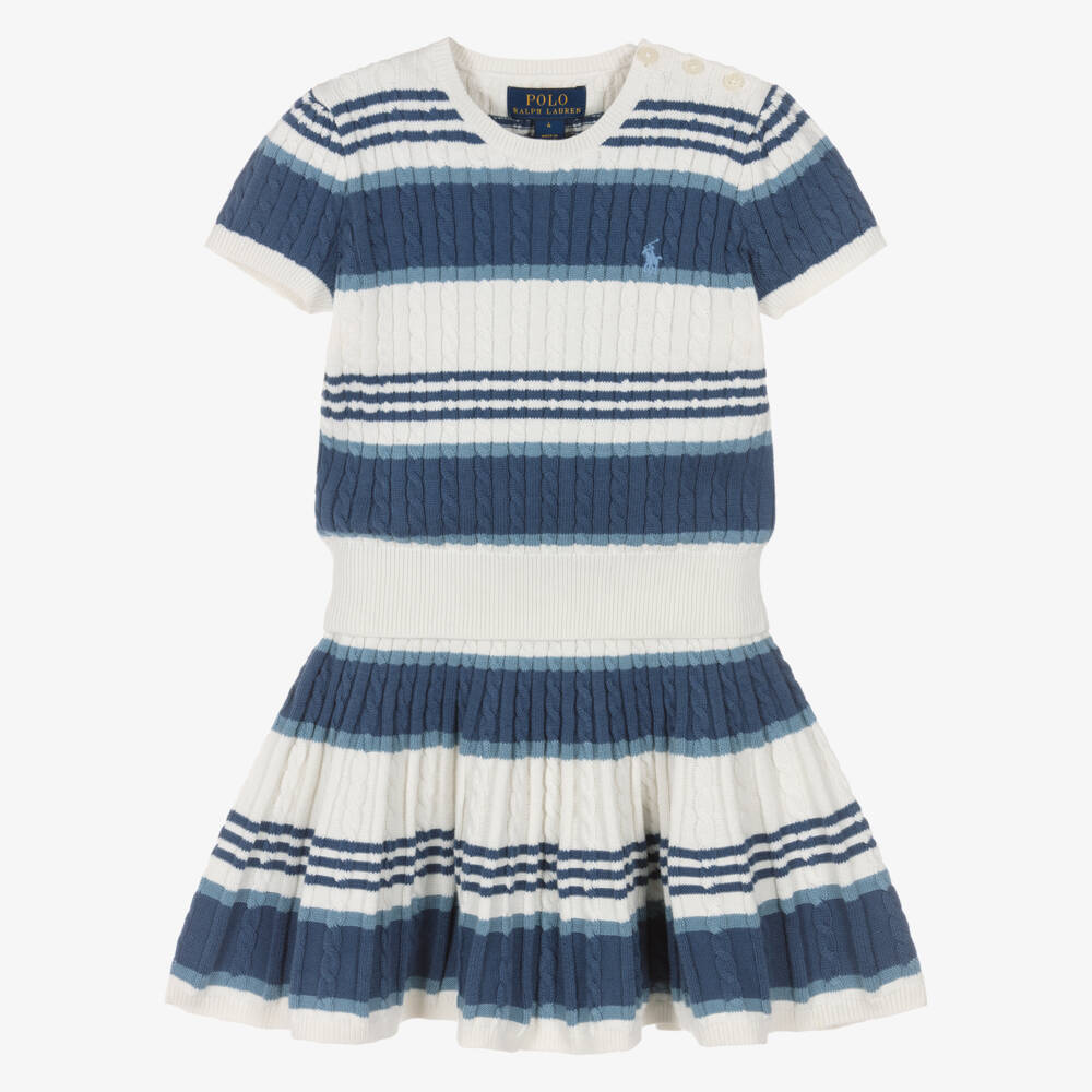 Ralph Lauren-Girls Blue & Ivory Striped Cotton Cable Knit Skirt Set | Childrensalon Outlet