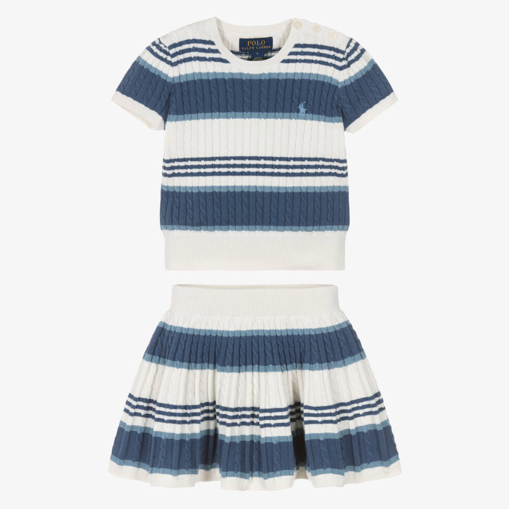 Ralph Lauren-Girls Blue & Ivory Striped Cotton Cable Knit Skirt Set | Childrensalon Outlet