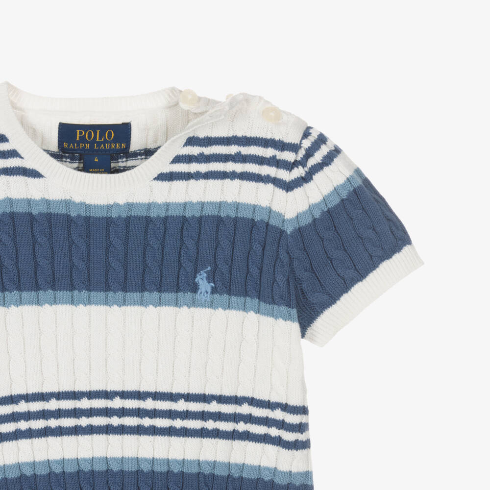 Ralph Lauren-Girls Blue & Ivory Striped Cotton Cable Knit Skirt Set | Childrensalon Outlet