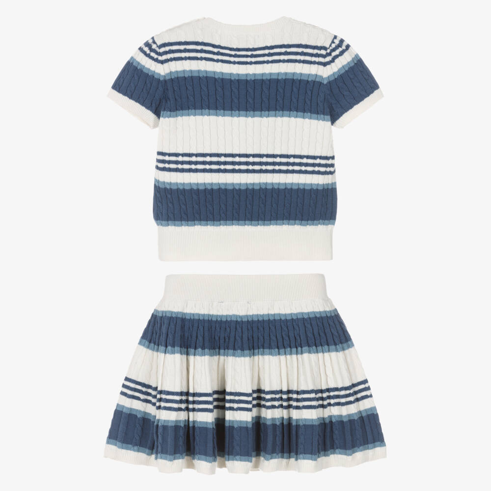 Ralph Lauren-Girls Blue & Ivory Striped Cotton Cable Knit Skirt Set | Childrensalon Outlet
