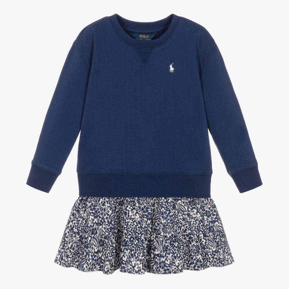 Ralph Lauren - Girls Blue Jersey & Floral Cotton Dress | Childrensalon