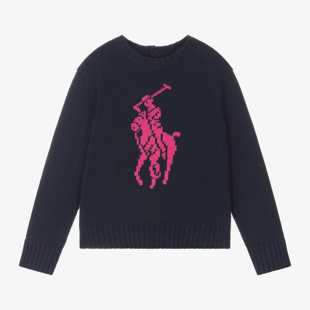 Ralph Lauren-بلوفر قطن محبوك لون كحلي للبنات | Childrensalon Outlet