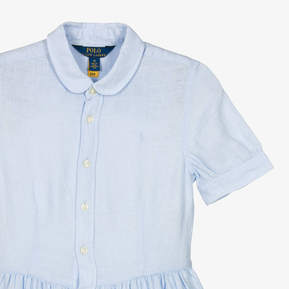 Ralph Lauren-Голубое льняное платье с вышивкой английской гладью | Childrensalon Outlet