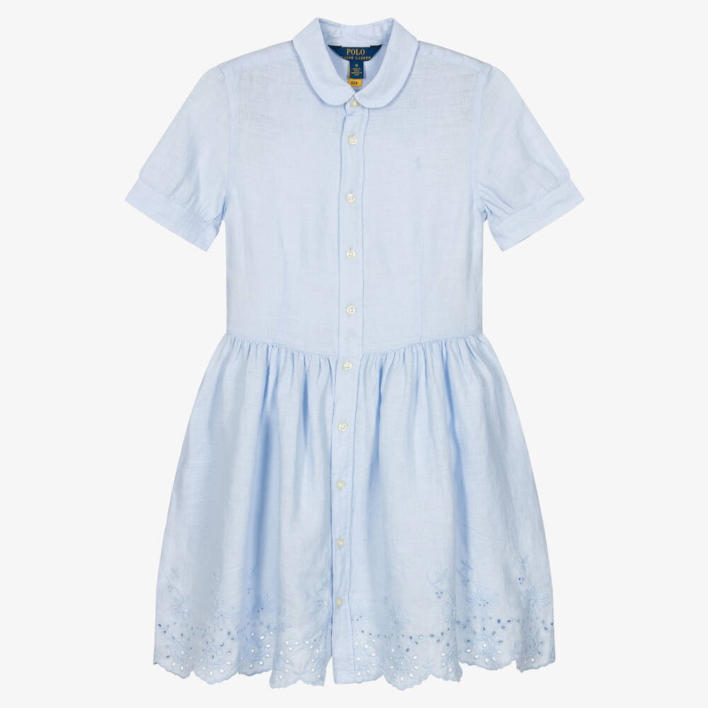 Ralph Lauren - Girls Blue Linen Broderie Anglaise Dress | Childrensalon
