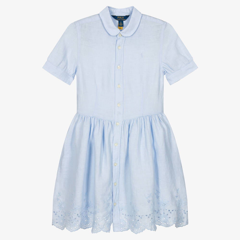 Ralph Lauren-Girls Blue Linen Broderie Anglaise Dress | Childrensalon Outlet