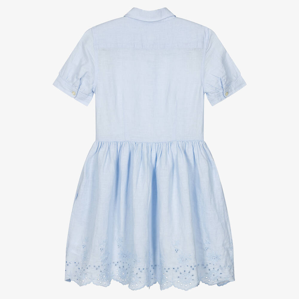 Ralph Lauren-Голубое льняное платье с вышивкой английской гладью | Childrensalon Outlet