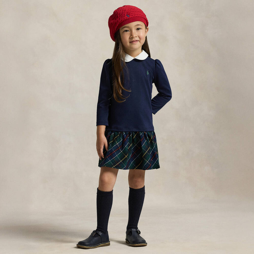 Ralph Lauren-Girls Blue Milano Jersey Dress with Tartan Flannel Skirt | Childrensalon Outlet