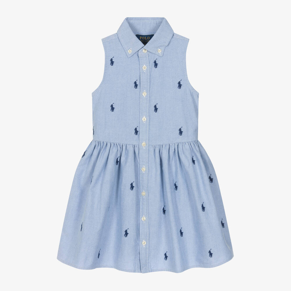 Ralph Lauren-فستان قميص قطن أكسفورد لون أزرق | Childrensalon Outlet