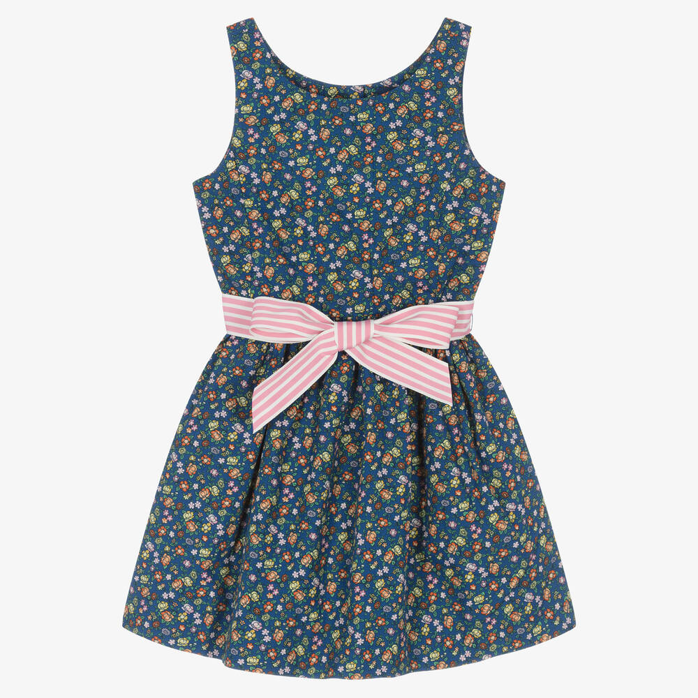 Ralph Lauren - Girls Blue & Pink Floral Cotton Dress | Childrensalon