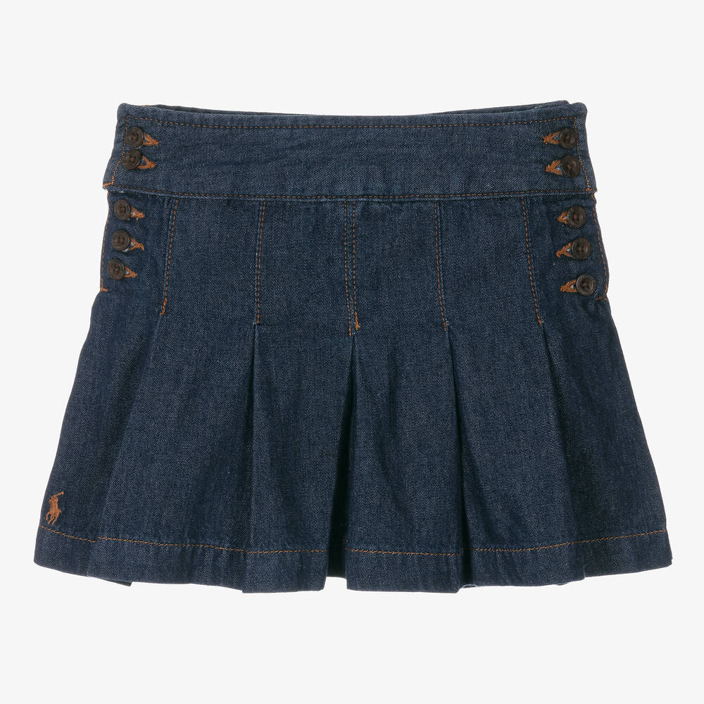 Ralph Lauren - Girls Blue Pleated Denim Skirt | Childrensalon
