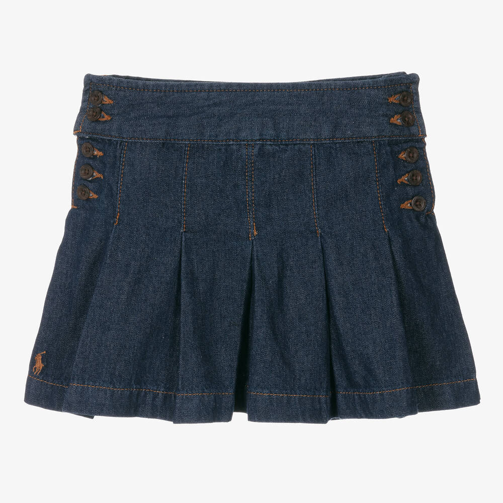 Girls Blue Pleated Denim Skirt