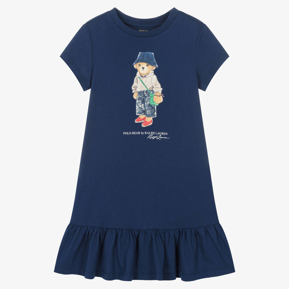 Ralph Lauren - Robe bleue en coton Polo Bear fille | Childrensalon