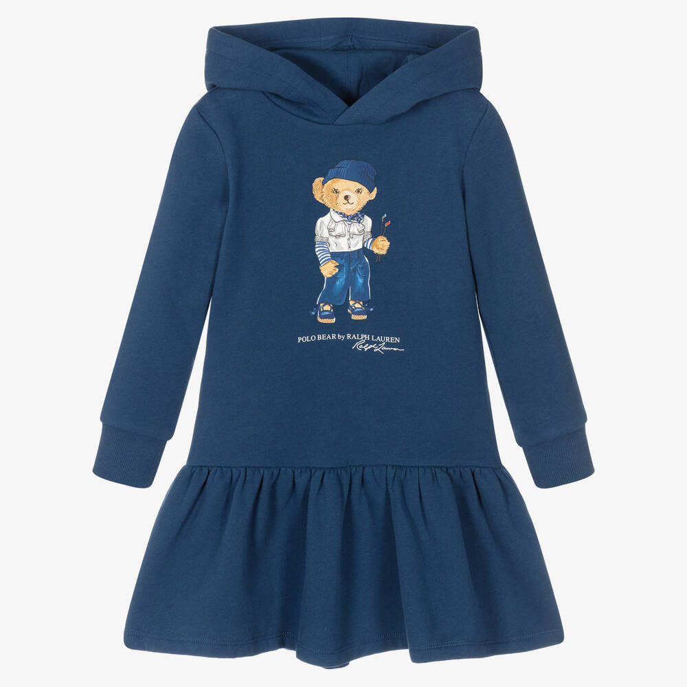 Polo Ralph Lauren - Girls Blue Polo Bear Hooded Dress | Childrensalon