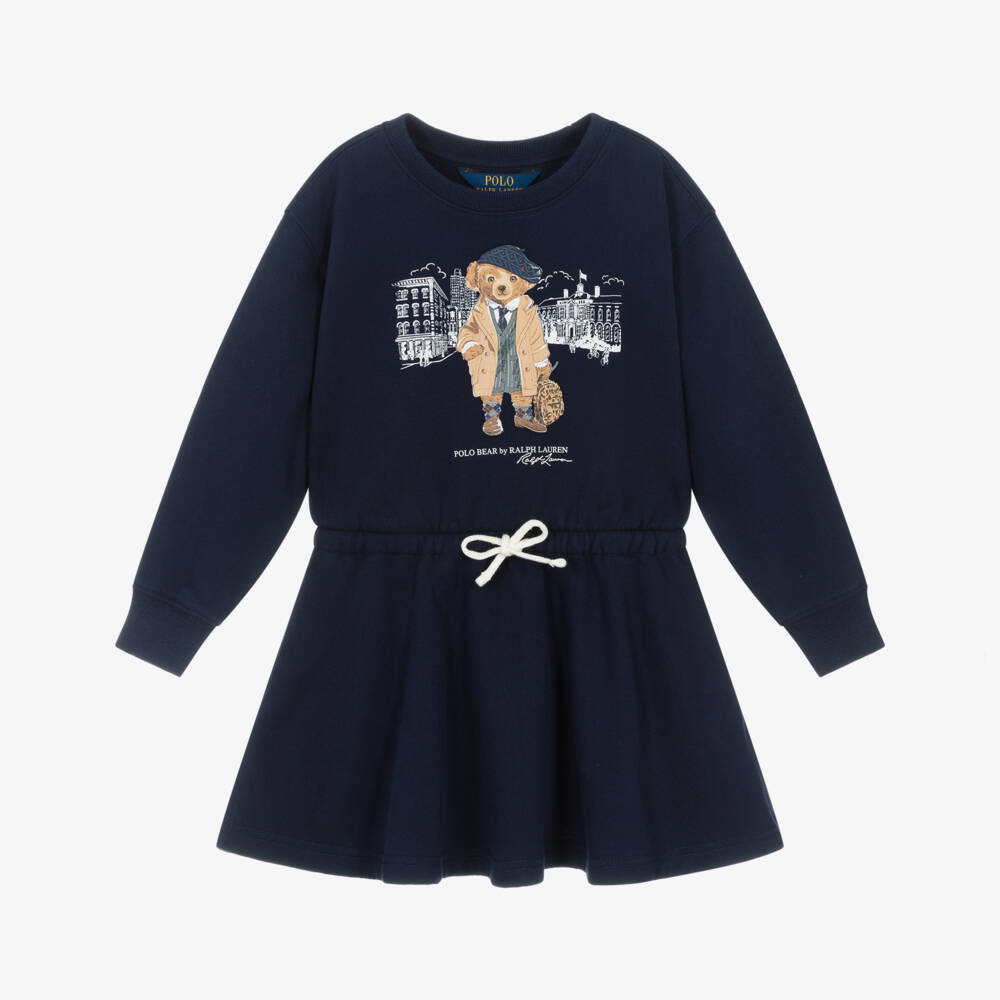 Ralph Lauren-Girls Blue Polo Bear Sweatshirt Dress with Drawstring Waist | Childrensalon Outlet