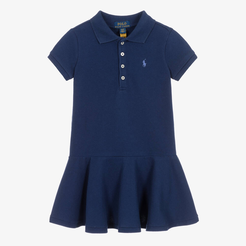 Ralph Lauren - فستان قميص بولو قطن بيكيه لون كحلي | Childrensalon