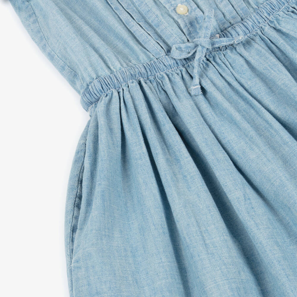 Ralph Lauren-فستان شامبراي أزرق للبنات بياقة مكشكشة | Childrensalon Outlet