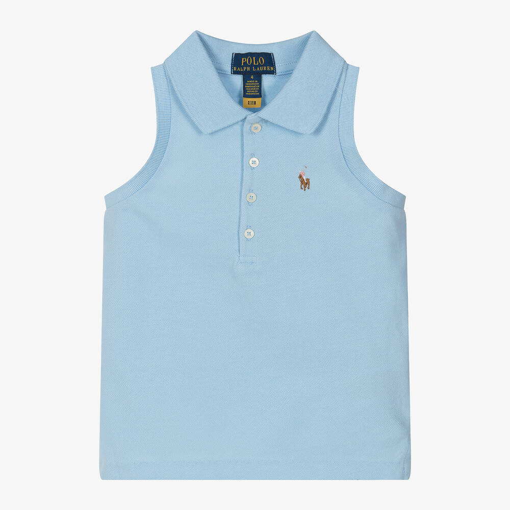 Ralph Lauren Girls Blue Sleeveless Polo Shirt Childrensalon Outlet