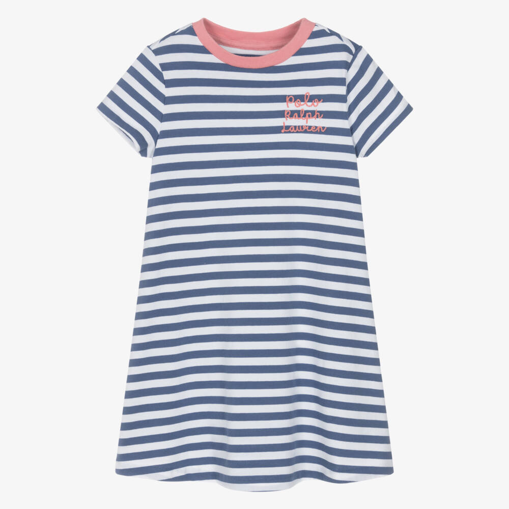 Ralph Lauren-Girls Blue Stripe Cotton Jersey T-Shirt Dress | Childrensalon Outlet