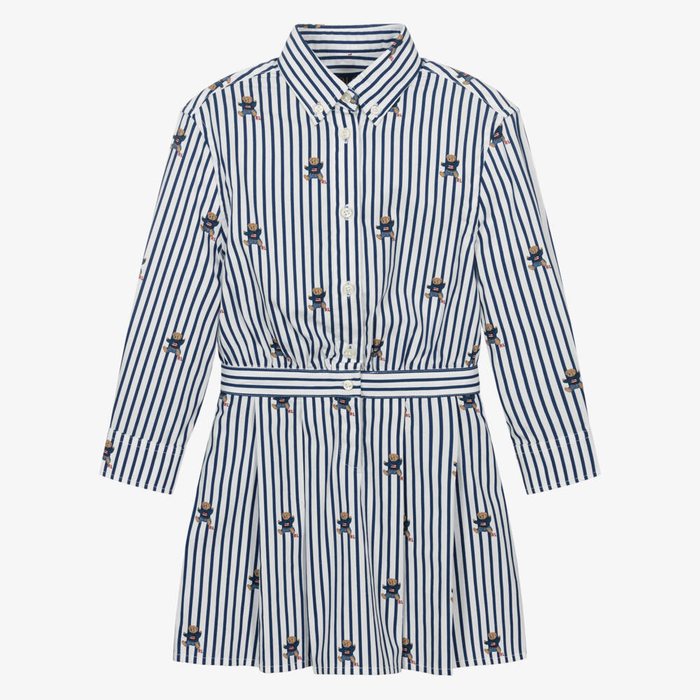 Ralph Lauren-Girls Blue Stripe Cotton Shirt Dress with Polo Bear Print | Childrensalon Outlet