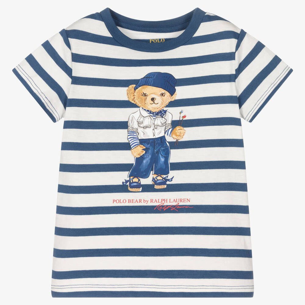 Polo Ralph Lauren - Blau gestreiftes Polo Bear T-Shirt | Childrensalon