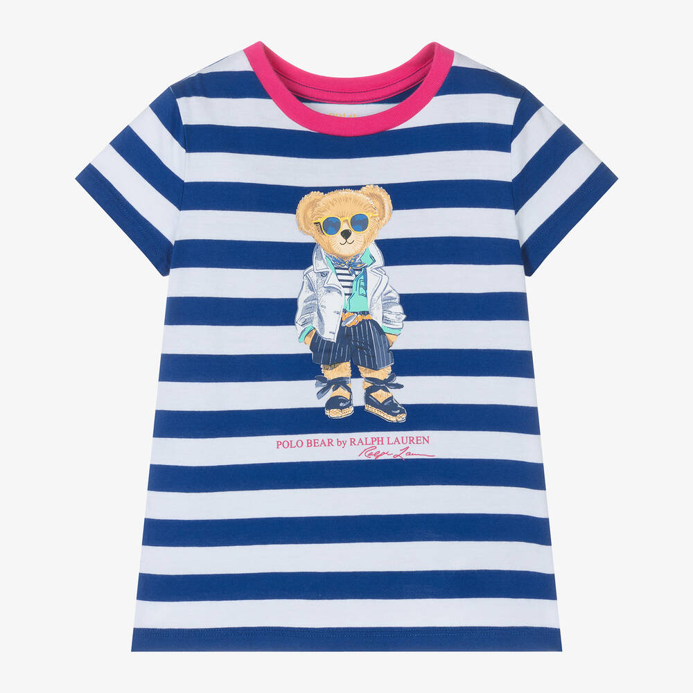 Ralph Lauren-Girls Blue Striped Cotton Bear T-Shirt | Childrensalon Outlet