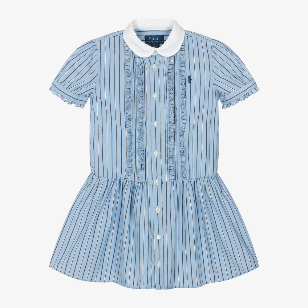 Ralph Lauren-فستان قطن بوبلين مقلم لون أزرق | Childrensalon Outlet