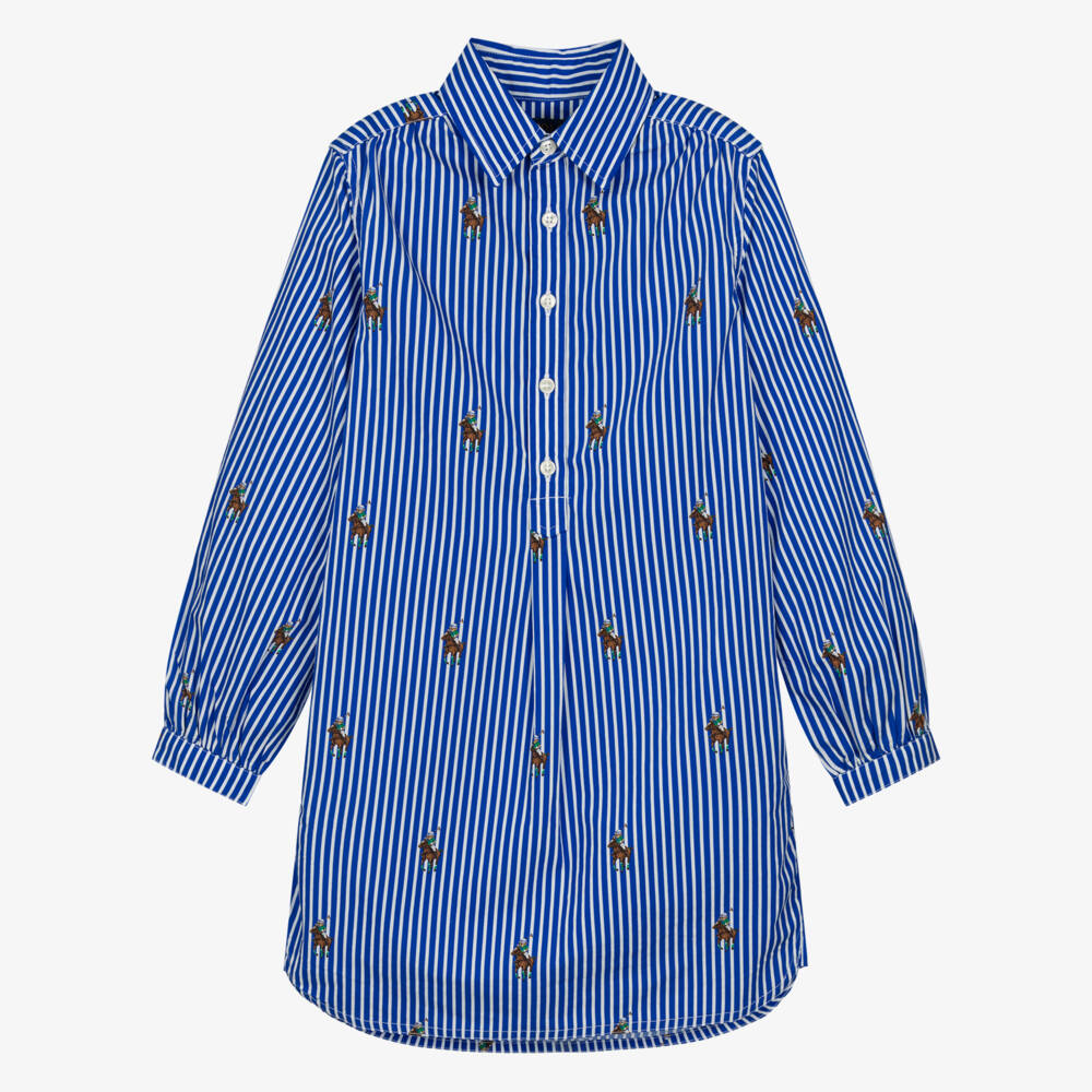 Ralph Lauren-Girls Blue Striped Cotton Poplin Polo Bear Shirt Dress | Childrensalon Outlet