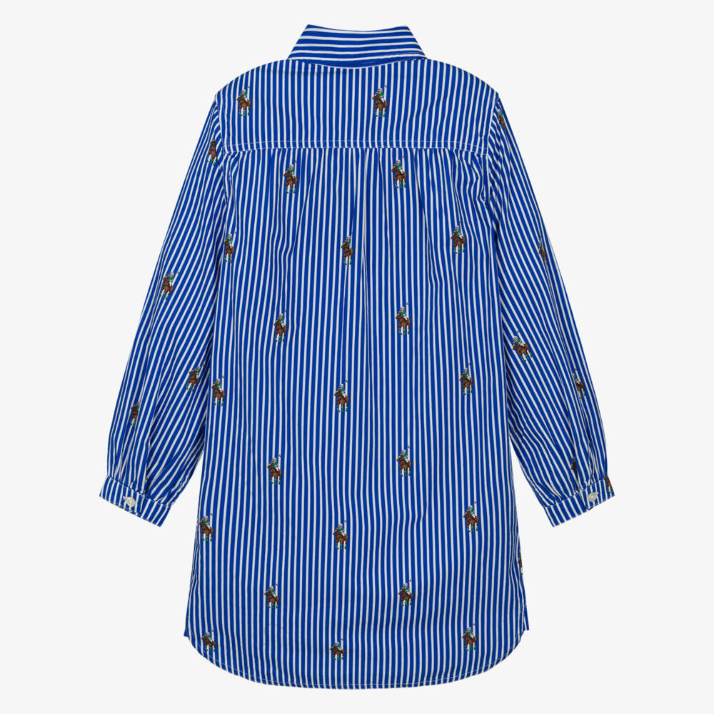 Ralph Lauren-Girls Blue Striped Cotton Poplin Polo Bear Shirt Dress | Childrensalon Outlet