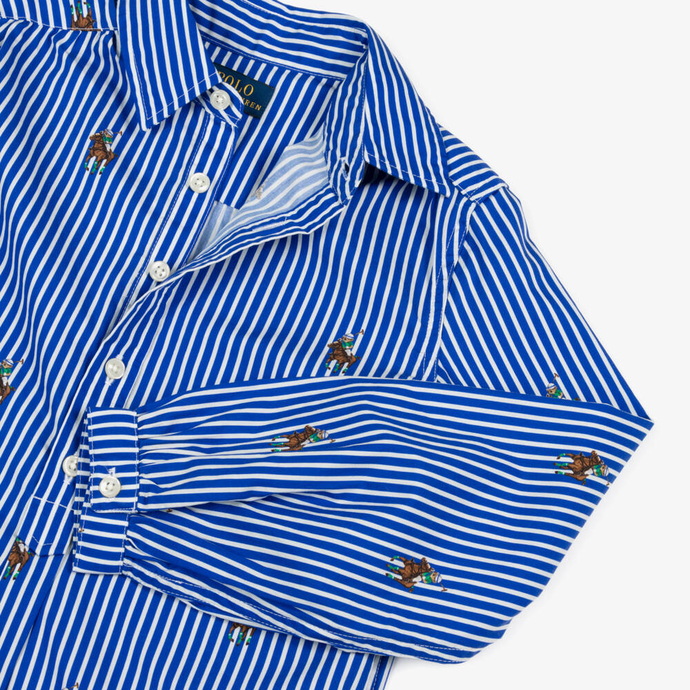 Ralph Lauren-Girls Blue Striped Cotton Poplin Polo Bear Shirt Dress | Childrensalon Outlet