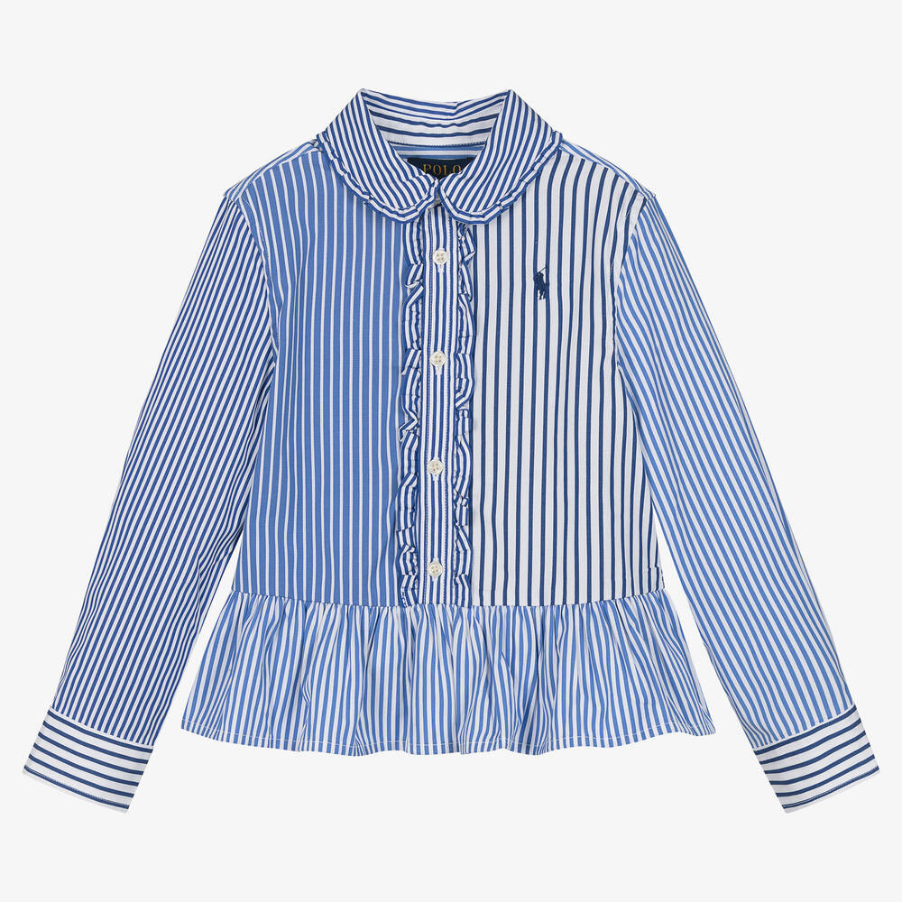 Ralph Lauren - قميص قطن بوبلين مقلّم لون أزرق وأبيض | Childrensalon