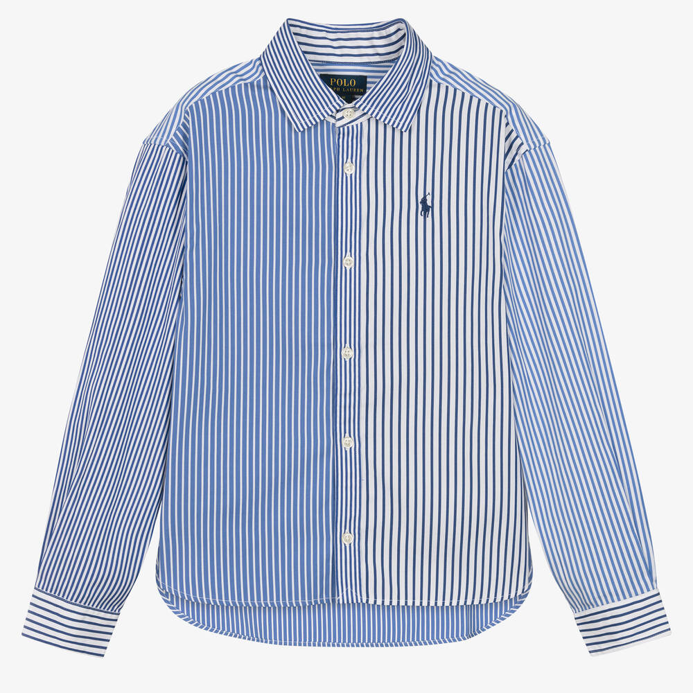 Ralph Lauren - قميص قطن بوبلين مقلّم لون أزرق  و أبيض للبنات | Childrensalon