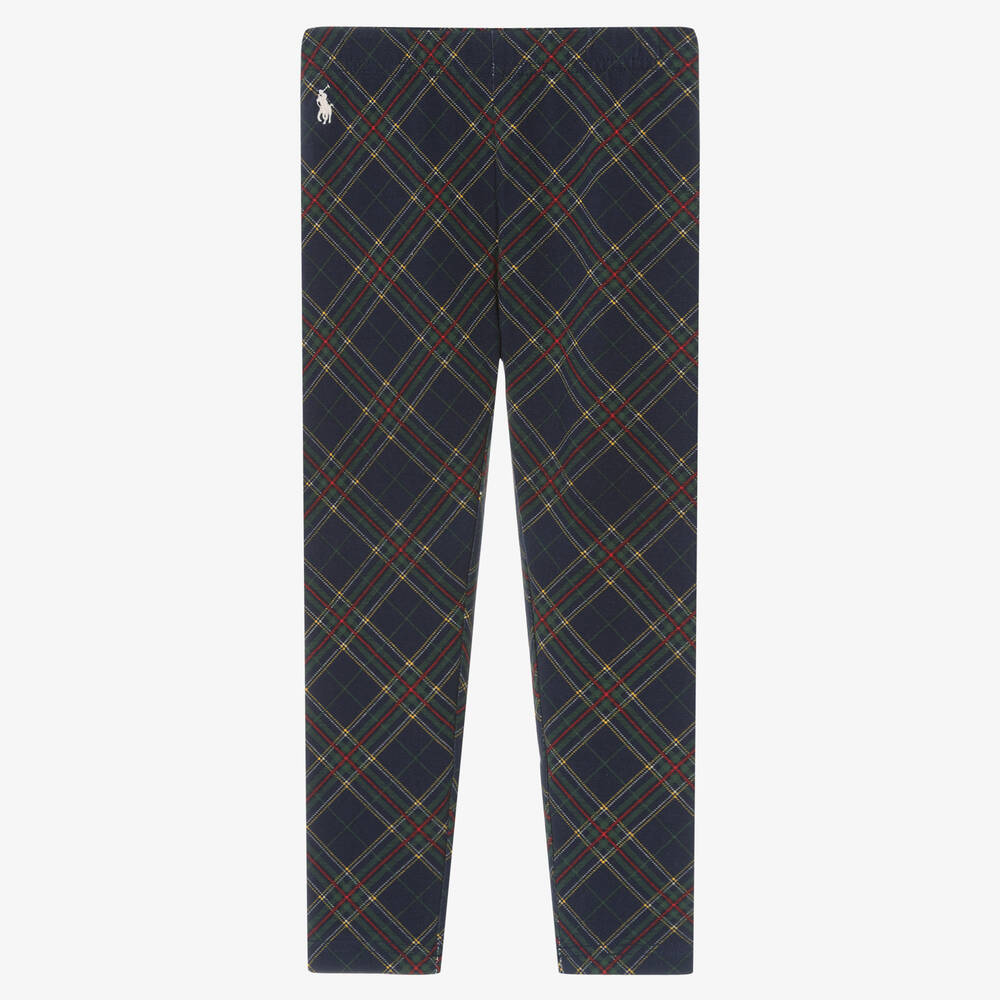 Ralph Lauren - Girls Blue Tartan Cotton Leggings | Childrensalon