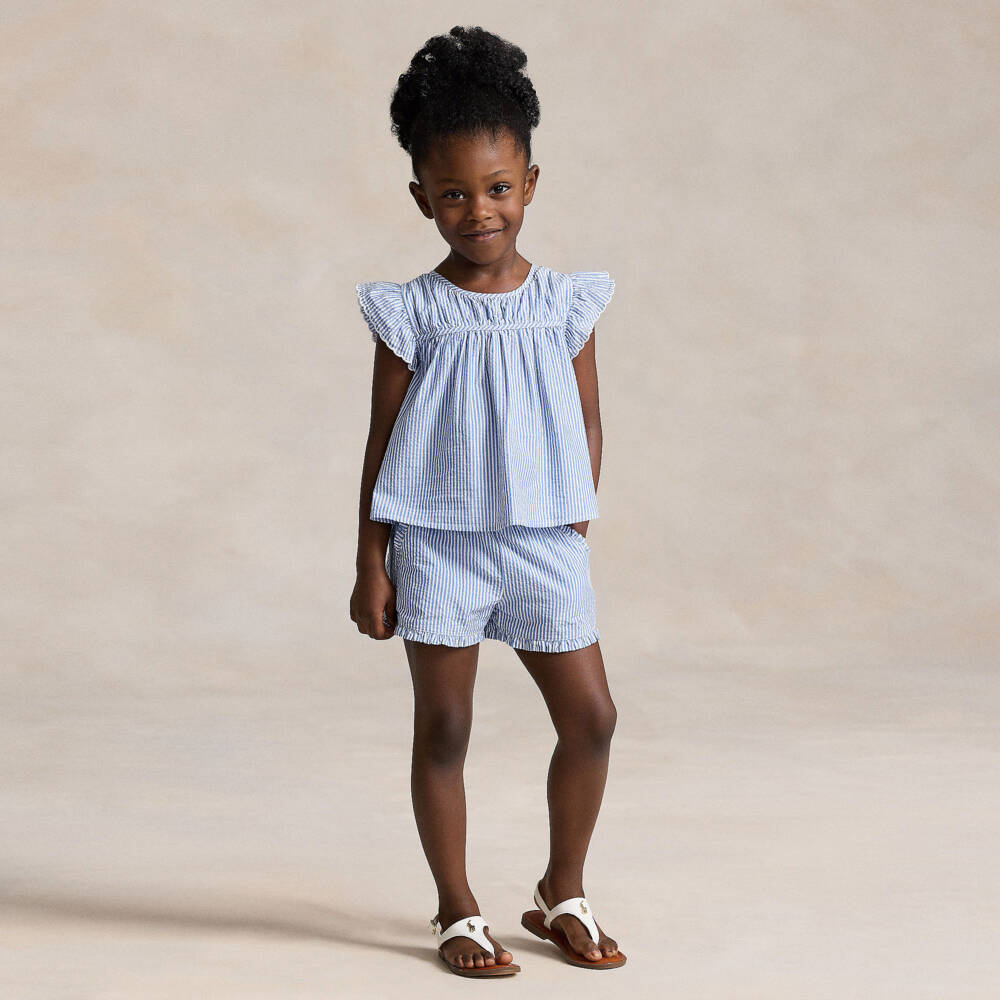 Ralph Lauren-Girls Blue & White Stripe Cotton Shorts | Childrensalon Outlet