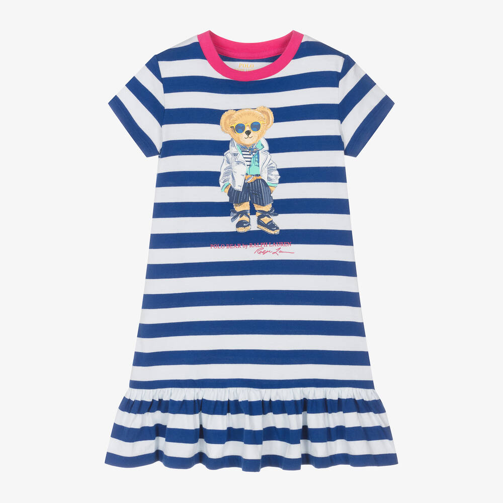 Ralph Lauren-Girls Blue & White Stripe Polo Bear Dress | Childrensalon Outlet