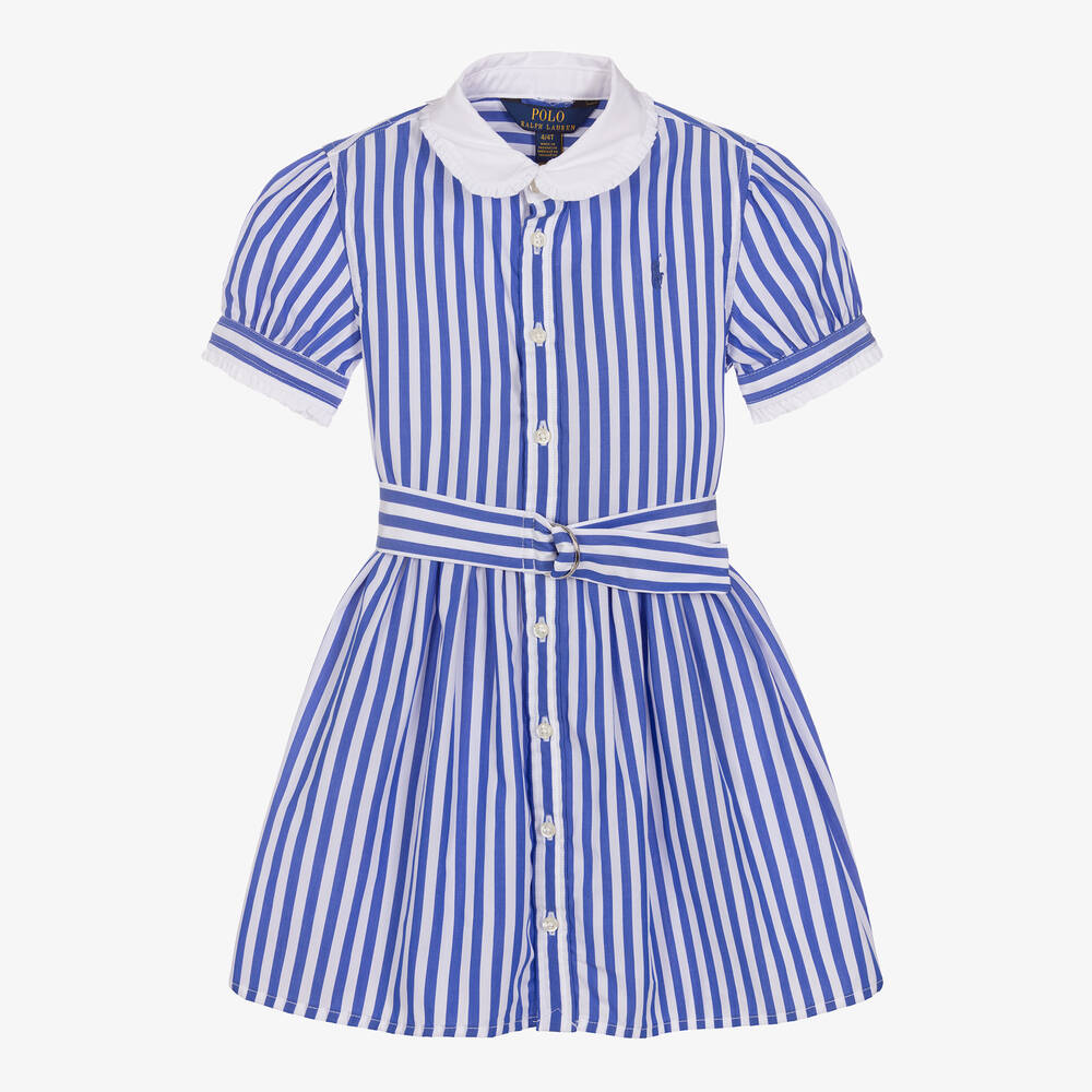 Polo Ralph Lauren - فستان قطن بوبلين مقلم لون أزرق وأبيض | Childrensalon