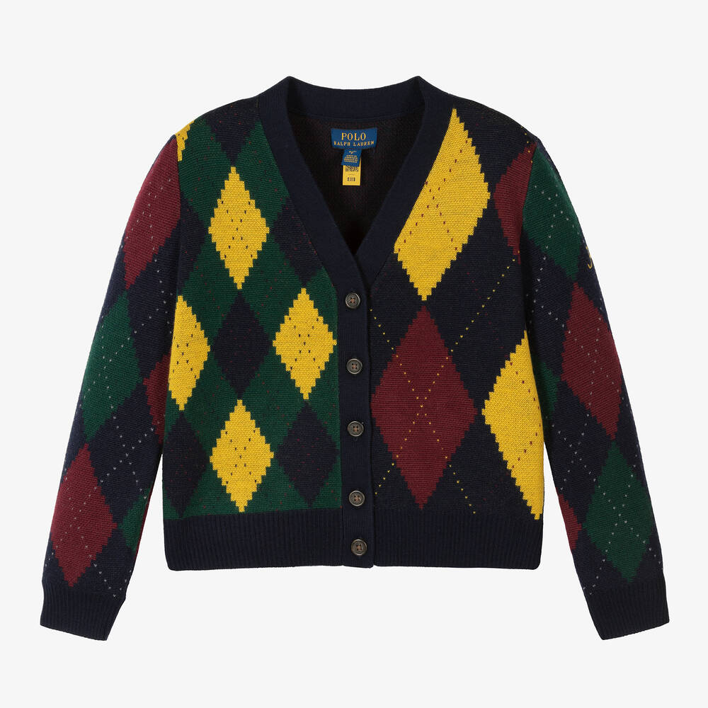 Ralph Lauren-Girls Blue Wool Knit Argyle Cardigan | Childrensalon Outlet