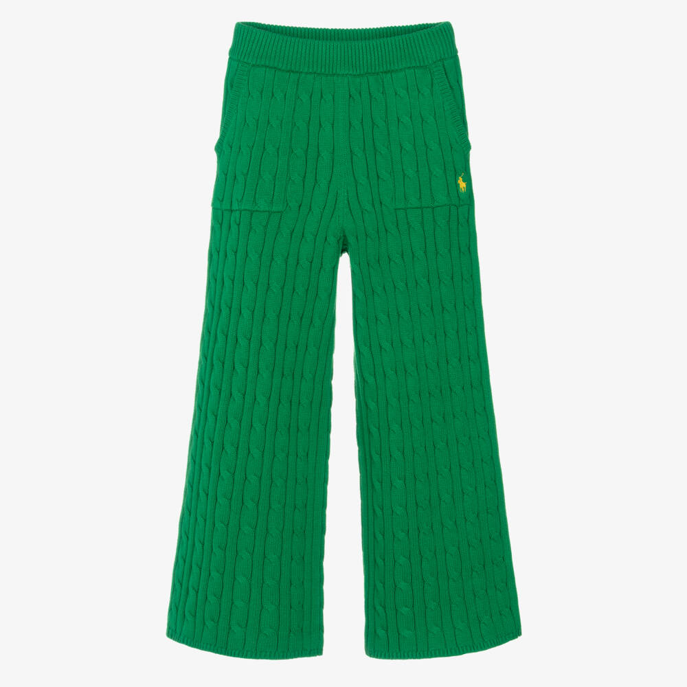 Ralph Lauren-Girls Bright Green Cable Knit Wide Leg Trousers | Childrensalon Outlet