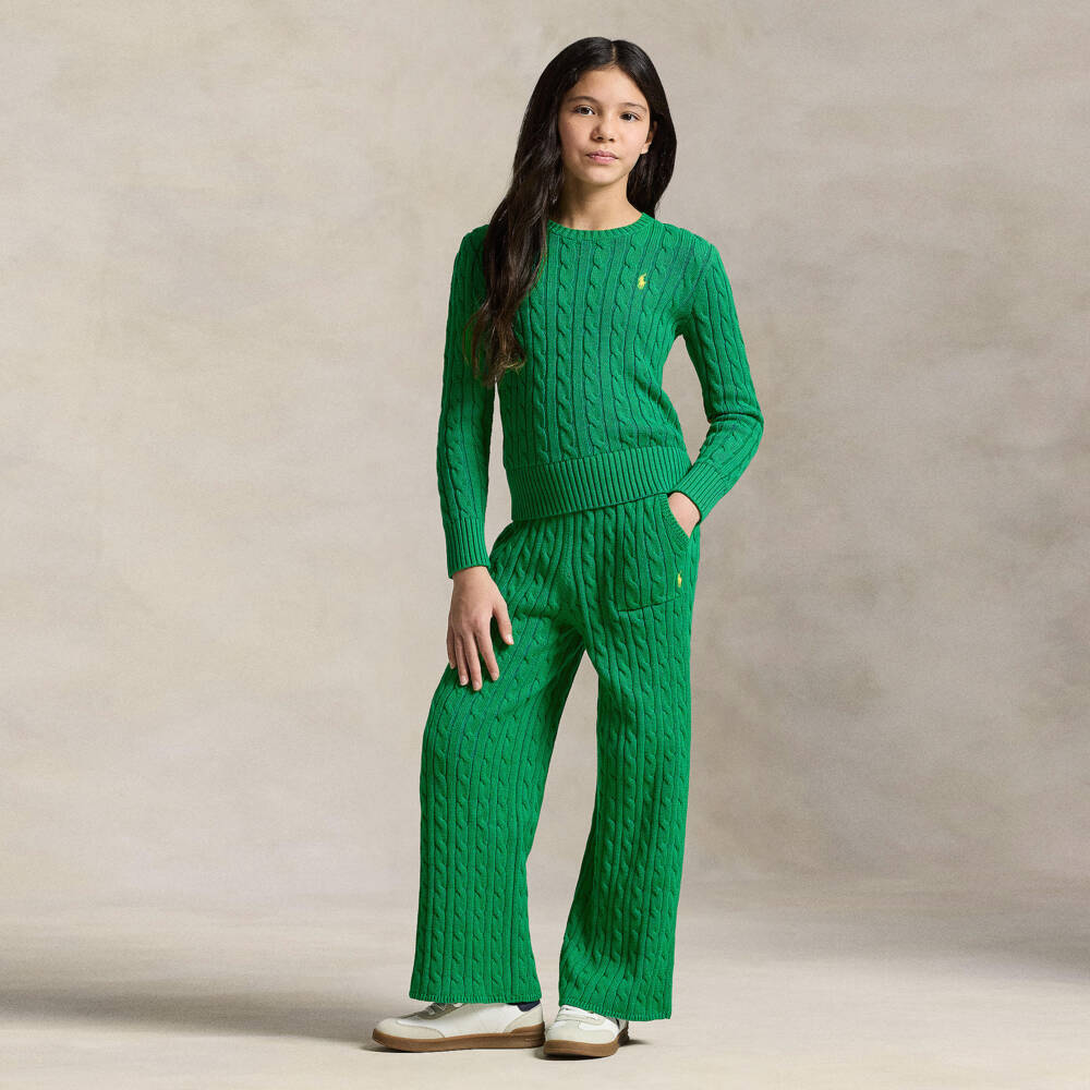 Ralph Lauren-Girls Bright Green Cable Knit Wide Leg Trousers | Childrensalon Outlet