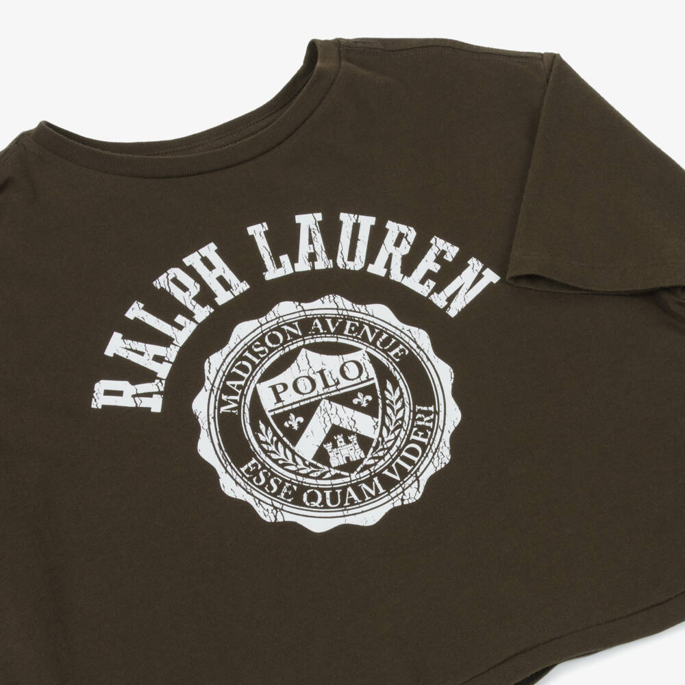 Ralph Lauren-Girls Brown Cotton Crest Logo Boxy T-Shirt | Childrensalon Outlet