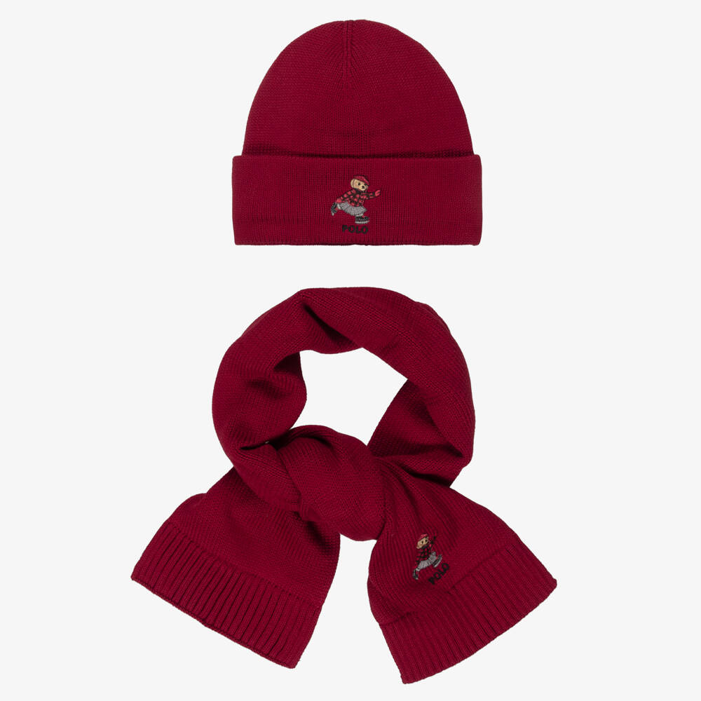 Ralph Lauren-Girls Burgundy Polo Bear Cotton Knit Hat & Scarf Set | Childrensalon Outlet